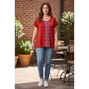Style & Co Womens 1X NWT Embroidered Top Real Red Aline- Rayon Spandex Coastal